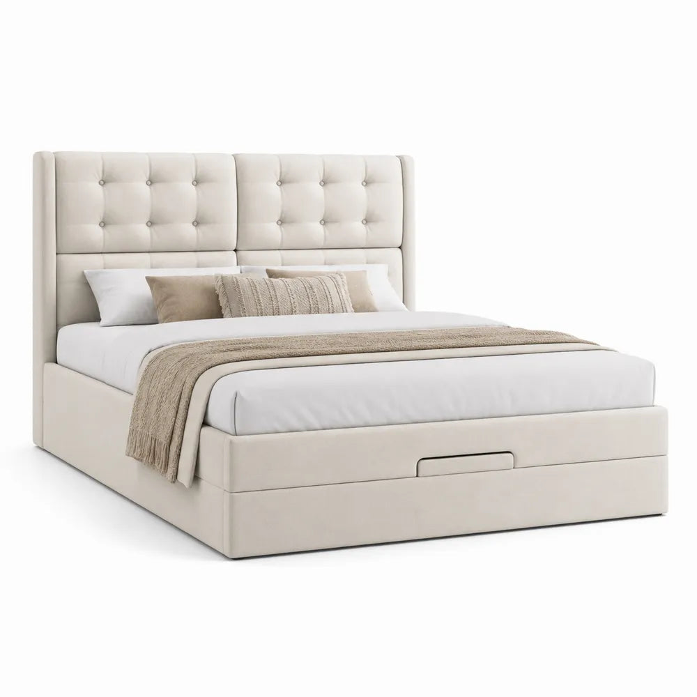 Polsterbett Doppelbett mit Bettkasten gepolstertem Kopfteil Polyesterbezug Beige 160 x 200 cm