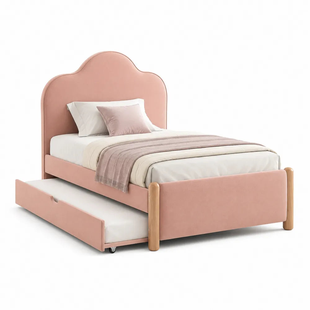 Kinderbett Einzelbett mit Ausziehbett gepolstertem Kopfteil Polyester Rosa 90 x 200 cm