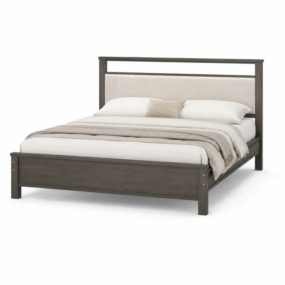 Holzbett Doppelbett mit gepolstertem Kopfteil MDF Holzdekor Grau 180 x 200 cm