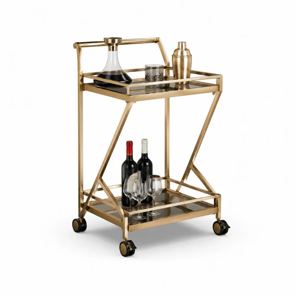 Küchenwagen Servierwagen mit 2 Ebenen Glasplatten Stahl Gold 70 x 45 x 85 cm