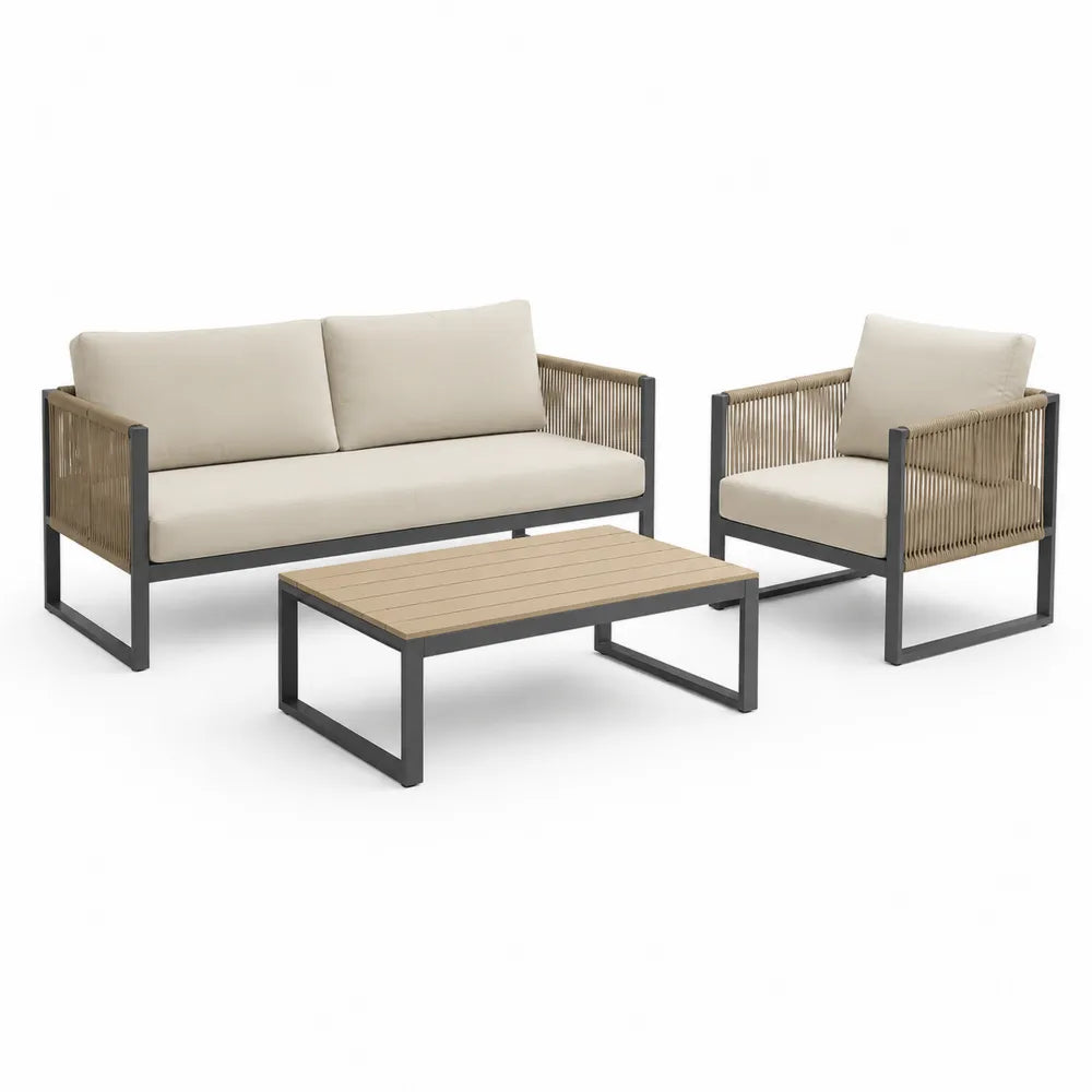 Gartenmöbel Set mit Sofa Sessel Couchtisch Aluminium Geflecht Polyester Beige Schwarz Braun 240 x 180 x 75 cm