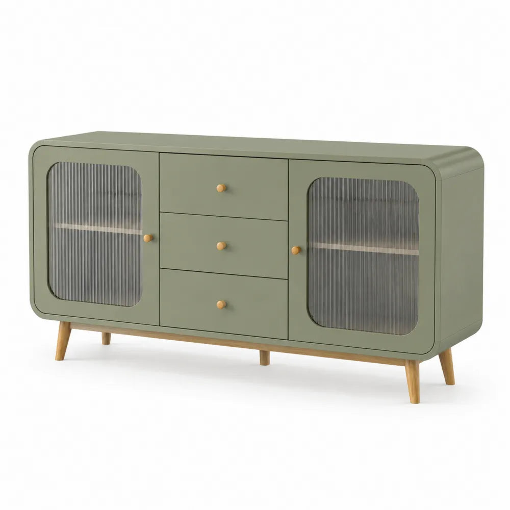 Sideboard MDF mit Türen Schubladen Glasfronten Holzbeine Salbeigrün Natur 160 x 40 x 75 cm