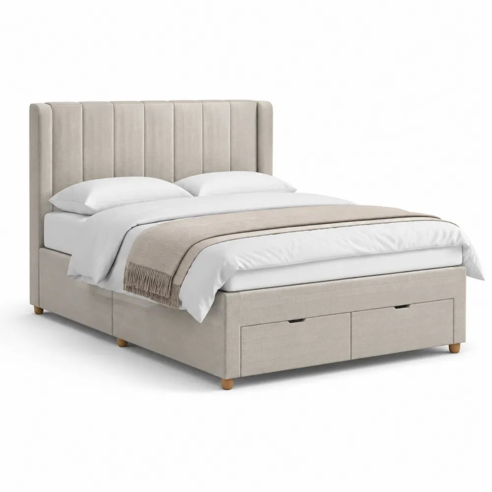Polsterbett Doppelbett mit zwei Schubladen gepolstertem Kopfteil Polyesterbezug Holzfüßen Creme 160 x 200 cm