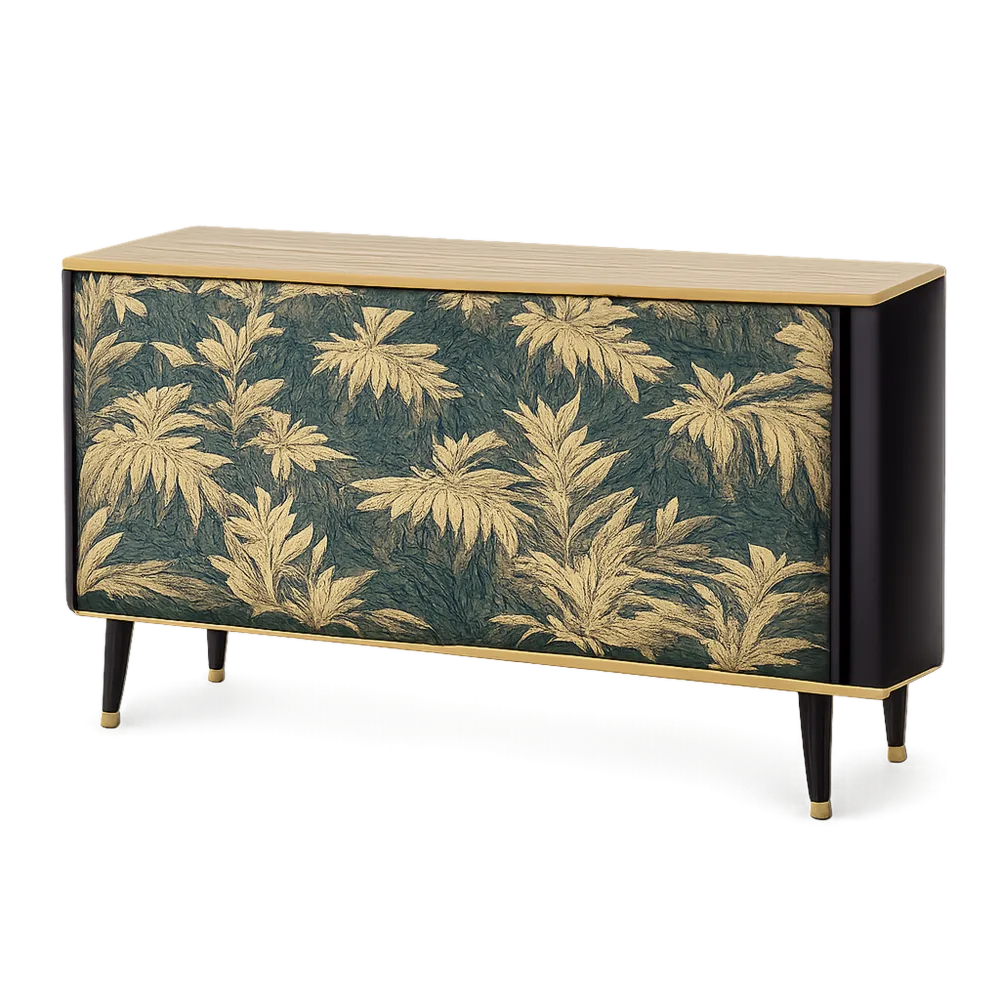 Sideboard Kommode MDF mit 3 Türen Pflanzendekor Schwarz Grün Gold 160 x 40 x 80 cm