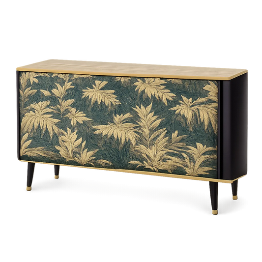 Sideboard Kommode MDF mit 3 Türen Pflanzendekor Schwarz Grün Gold 160 x 40 x 80 cm