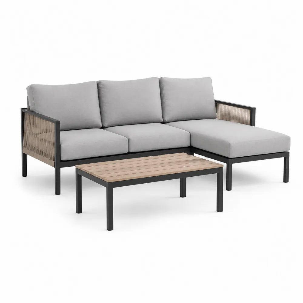 Gartensofa Set mit Couchtisch Aluminium Polyester Holzleisten Grau Schwarz 250 cm x 85 cm x 70 cm