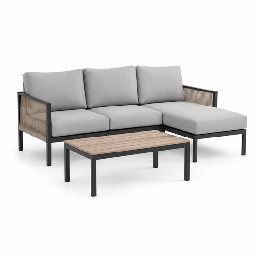 Gartensofa Set mit Couchtisch Aluminium Polyester Holzleisten Grau Schwarz 250 cm x 85 cm x 70 cm