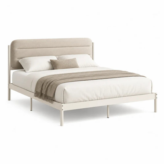 Polsterbett Doppelbett mit gepolstertem Kopfteil Polyester Bezug Beige 180 x 200 cm