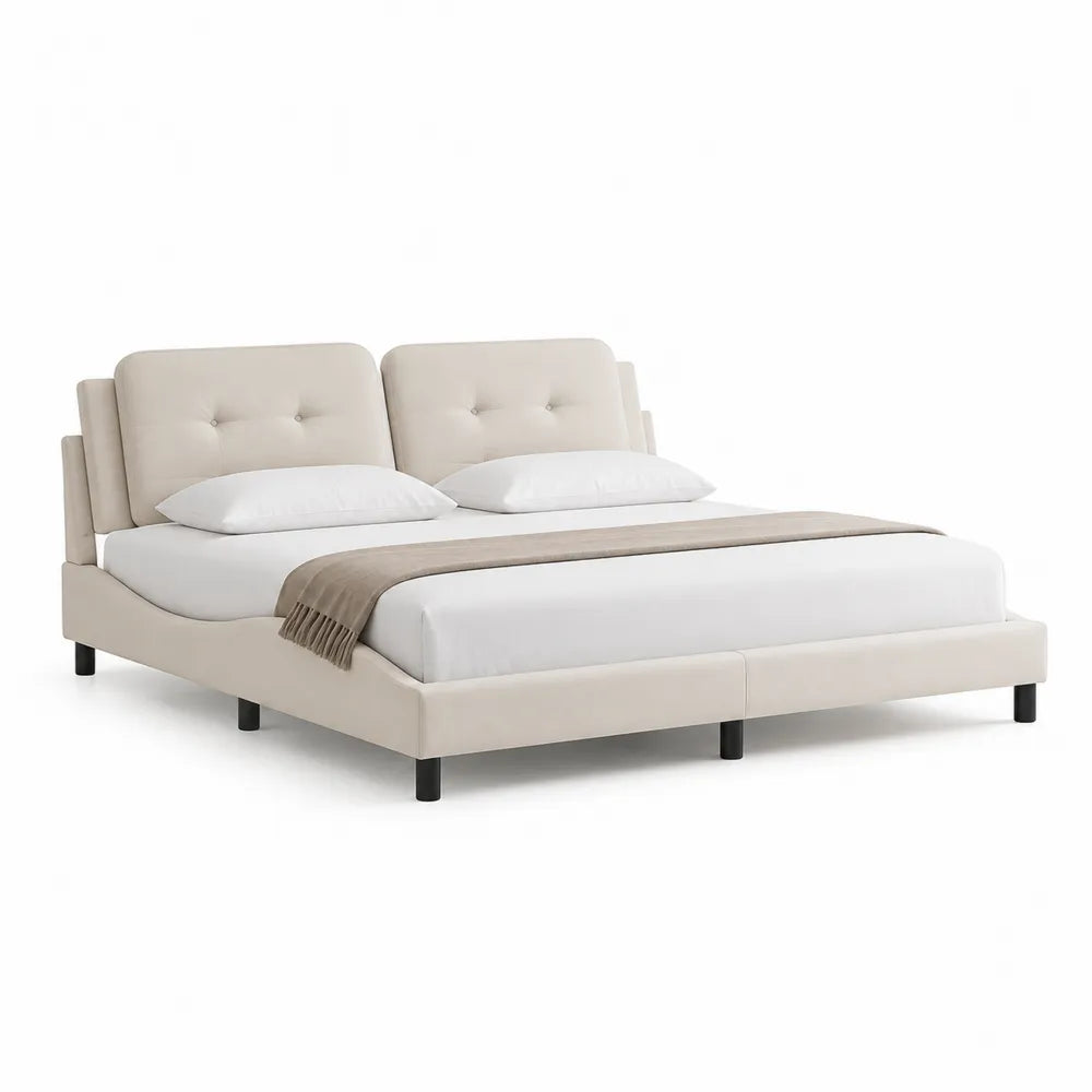 Polsterbett Doppelbett mit zwei gepolsterten Kopfteilflächen Polyesterbezug Metallfüßen Beige 180 x 200 cm