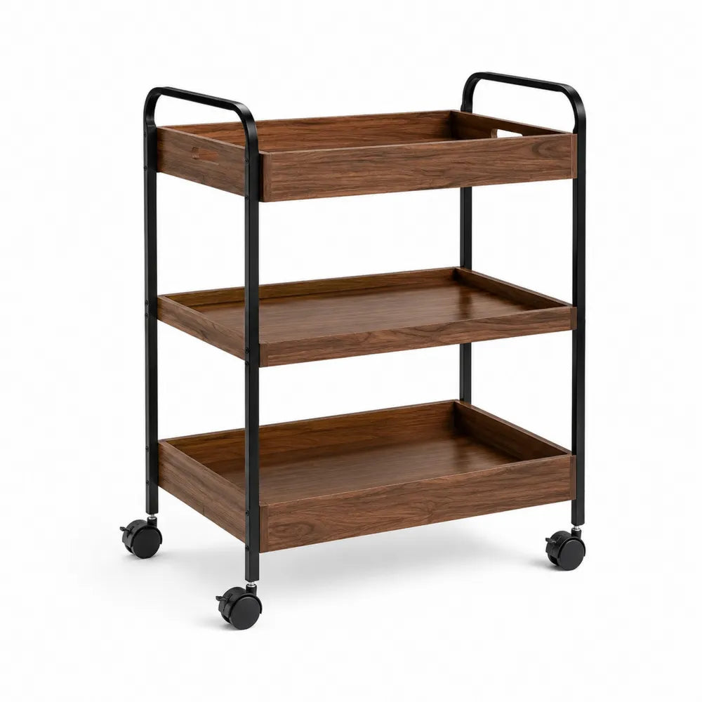 Küchenwagen Rollwagen mit 3 Ablagen MDF Metallgestell Rollen Braun Schwarz 70 x 40 x 85 cm