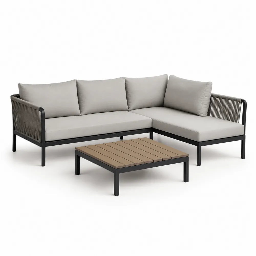 Gartenlounge Set mit Ecksofa Couchtisch Aluminium Geflecht Polyester Beige Schwarz Braun 260 cm x 220 cm x 75 cm