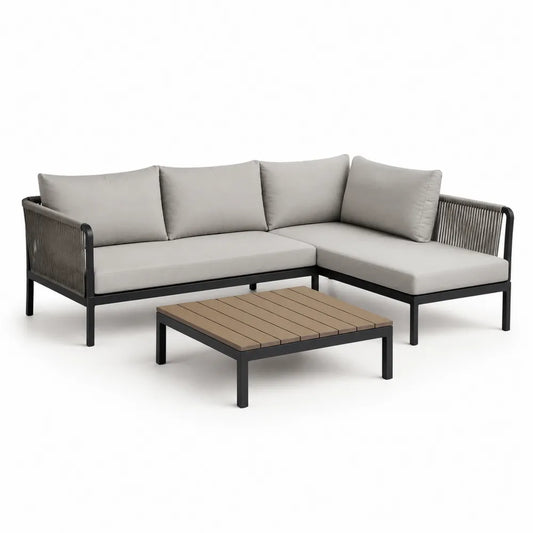 Gartenlounge Set mit Ecksofa Couchtisch Aluminium Geflecht Polyester Beige Schwarz Braun 260 cm x 220 cm x 75 cm