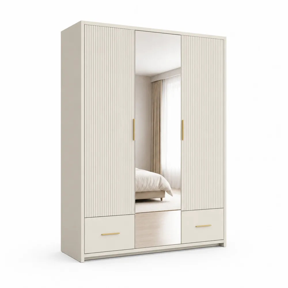 Kleiderschrank mit Spiegel 3 Türen 2 Schubladen MDF geriffelte Front Cremeweiß 150 x 55 x 200 cm