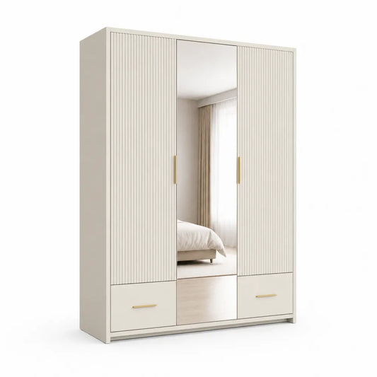 Kleiderschrank mit Spiegel 3 Türen 2 Schubladen MDF geriffelte Front Cremeweiß 150 x 55 x 200 cm