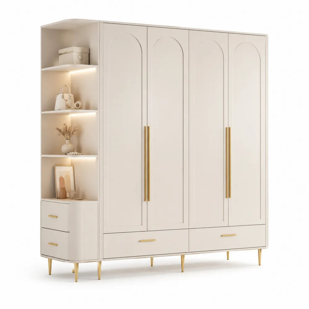 Kleiderschrank MDF mit 4 Türen 4 Schubladen und Regalen Weiß Gold 240 x 55 x 210 cm