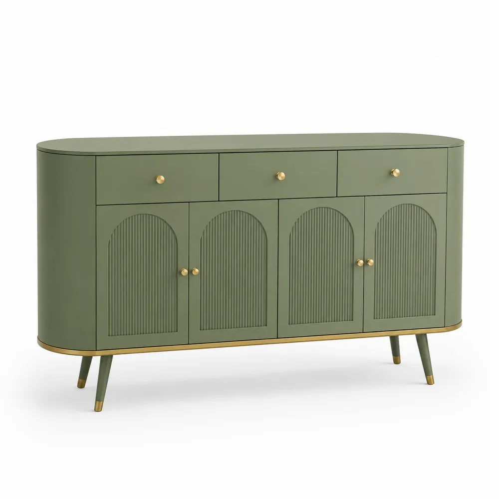 Sideboard Kommode mit 4 Türen 3 Schubladen Spanplatte Rillenfront Grün Gold 180 x 40 x 80 cm