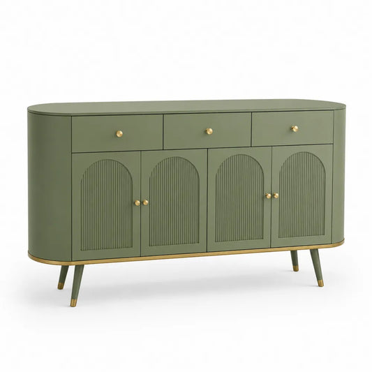 Sideboard Kommode mit 4 Türen 3 Schubladen Spanplatte Rillenfront Grün Gold 180 x 40 x 80 cm
